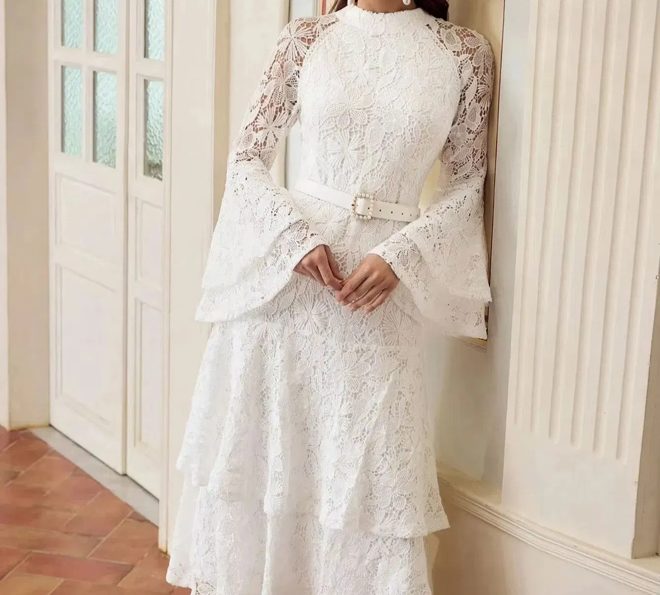 2025new Vestido Elegante de Manga Larga de Encaje con Corte Hueco Vestido Corto de Mujer de Cintura Alta Blanco Vestidos Casuales