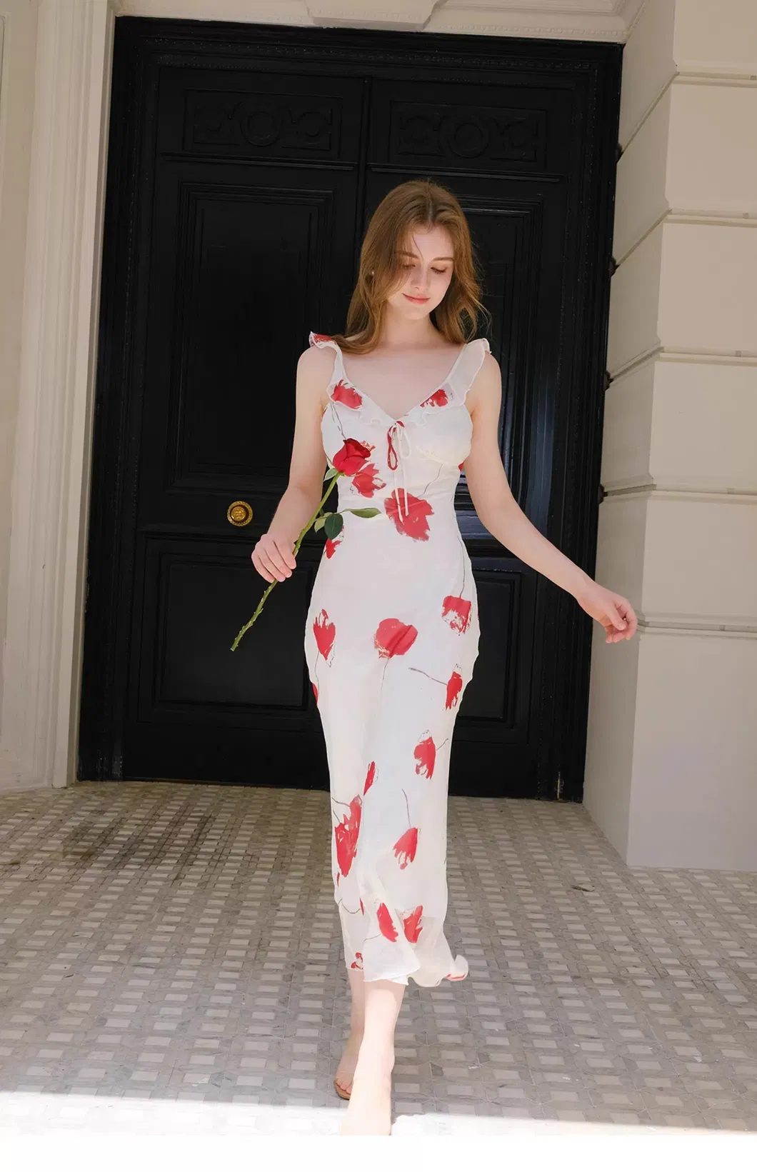 Vestido Maxi Casual de Cuello en V Estampado de Vacaciones Francesas para Mujer