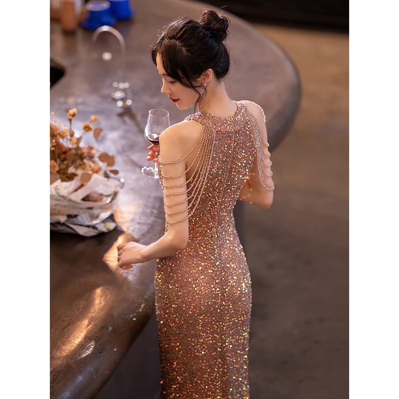 Vestidos de noche largos y elegantes para mujeres, color champán, drapeados, con diamantes, populares para fiestas