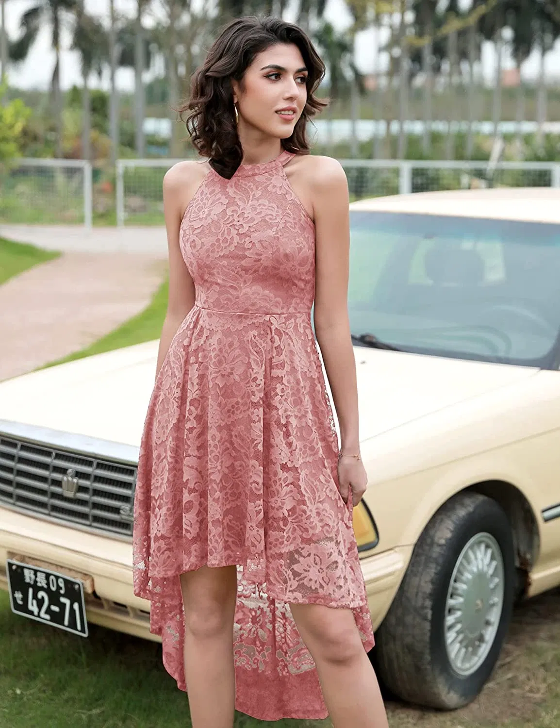 Vestido de cóctel de encaje floral sin mangas para mujer, vestido de dama de honor con dobladillo asimétrico