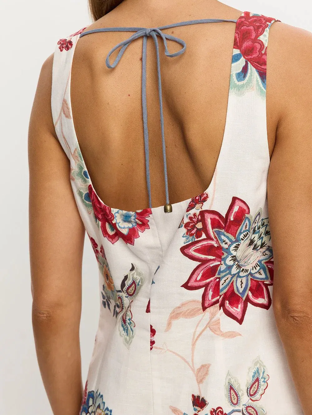Vestido mini sin mangas de mezcla de lino para mujeres, estampado floral, sin espalda, con lazo, vestido casual de verano para la playa