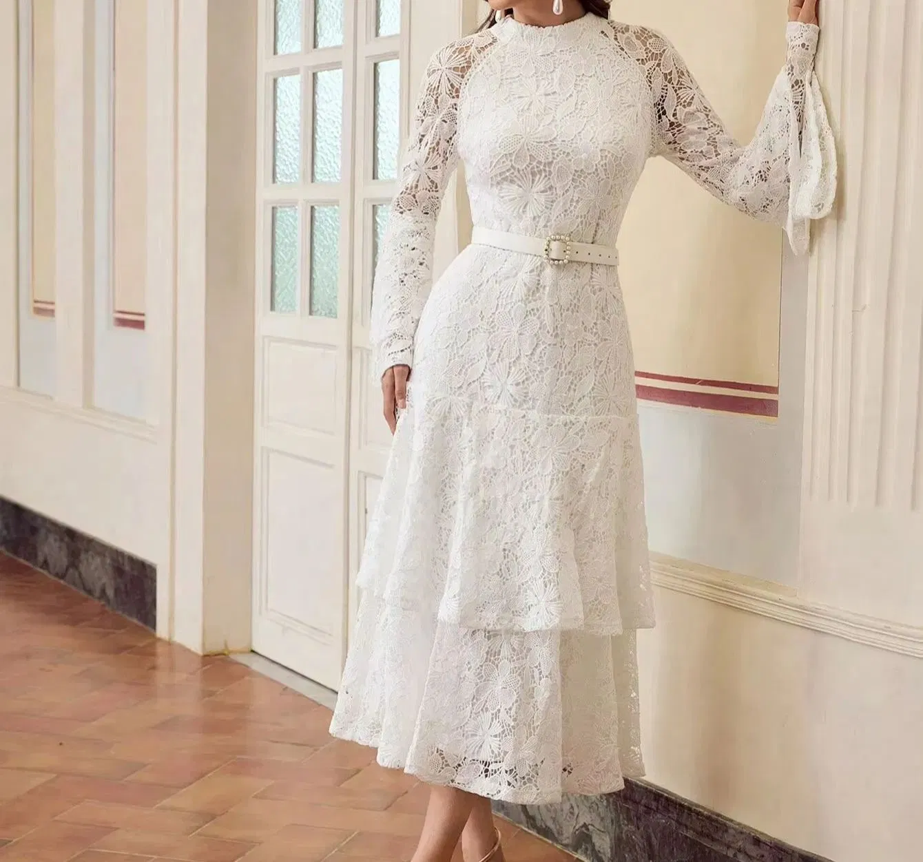 2025new Vestido Elegante de Manga Larga de Encaje con Corte Hueco Vestido Corto de Mujer de Cintura Alta Blanco Vestidos Casuales