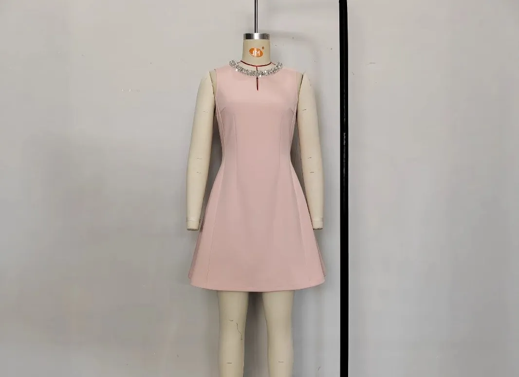 Moda 2025 Boutique de Ropa Mujeres Vestido Mini de Cuello Redondo Sin Mangas Elegante Vestidos de Fiesta A-Line