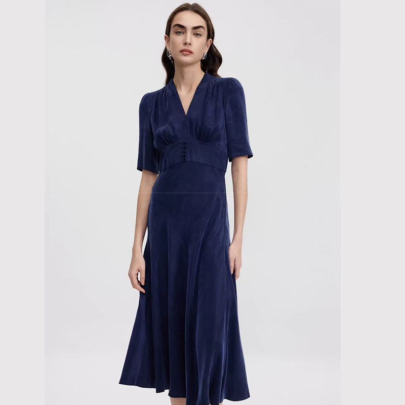 Vestido midi de terciopelo azul marino con cuello en V y mangas cortas para mujer