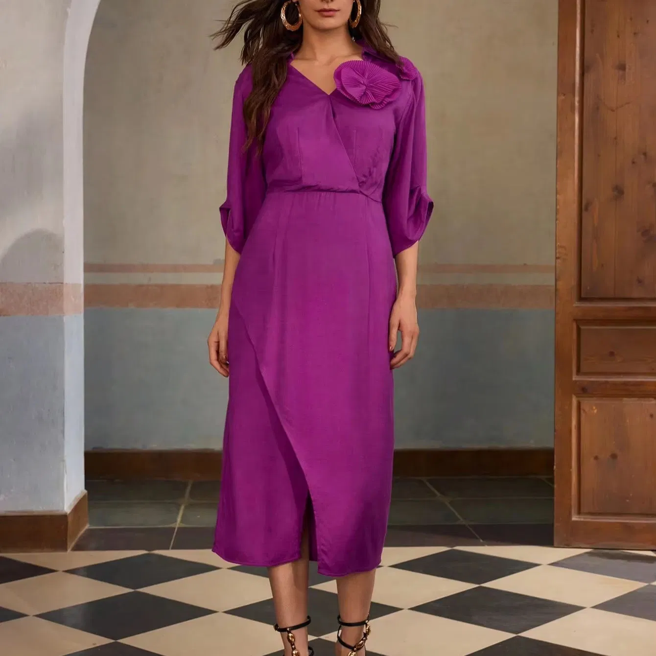 Vestidos casuales de venta caliente para mujeres, elegantes vestidos maxi de manga larga con cuello en V y plisados, vestidos de oficina para damas