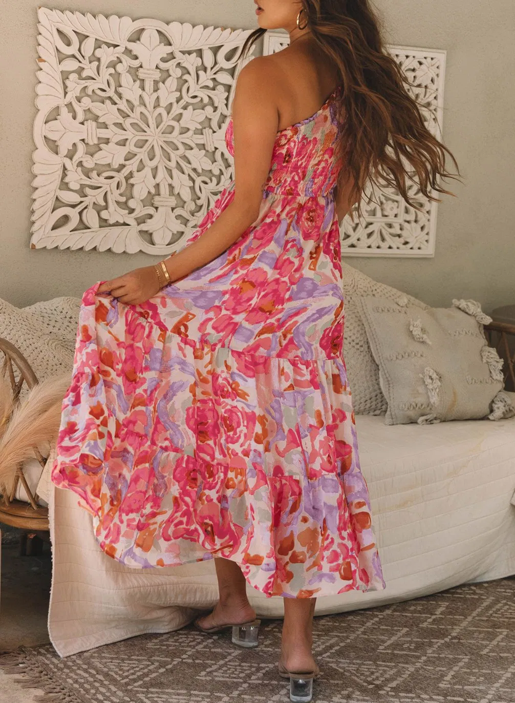 Querido Amor Boutique de Moda Mayorista Vestido de Mujer Estampado Floral Abstracto Con Volantes Un Hombro Vestido Maxi Largo de Verano para Mujeres