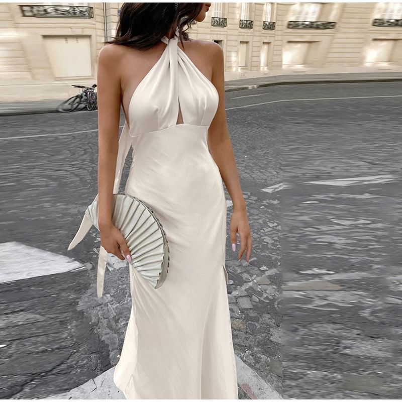 Nuevo Diseño Mayorista Verano Sin Espalda Con Cierre Vintage Fiesta Falda Con Abertura Vestidos Elegantes Para Mujeres Sexy Halter Vestido De Satén