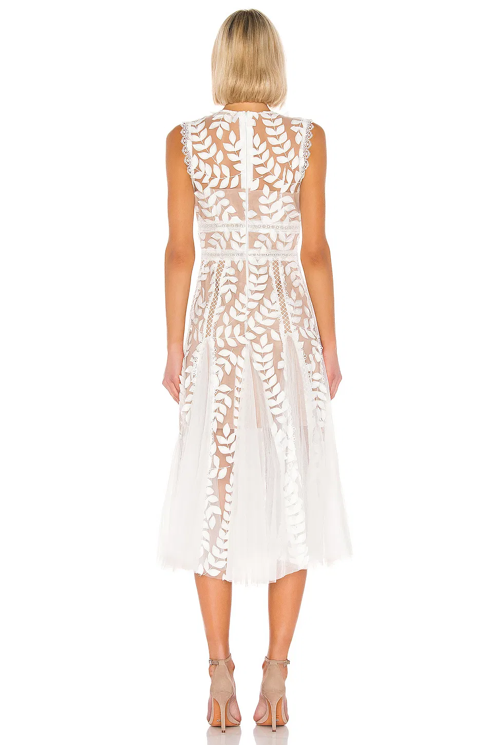 OEM Moda Verano Personalizado Logo Aplique Floral Último Nuevo Diseño Ropa Elegante para Mujeres Dama Vestidos Casuales MIDI Blancos con Detalle de Encaje de Malla