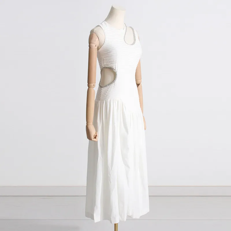 Vestido Largo Adelgazante de Cintura Primavera Nuevo Diseño Sin Mangas Sensación Hueca Vestidos Plisados para Mujeres