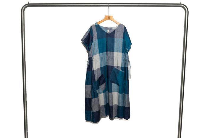 Vestido MIDI de cuadrícula vintage para mujeres – algodón suave y lino con bolsillos