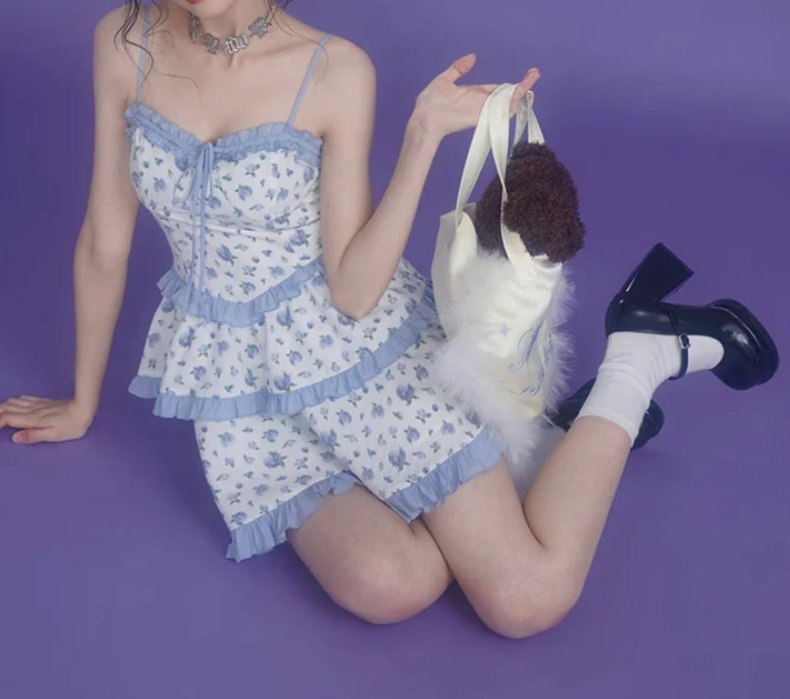 Vestido mini de verano para mujeres, elegante, con estampado floral, fruncido en el busto, con tirantes atados y volantes