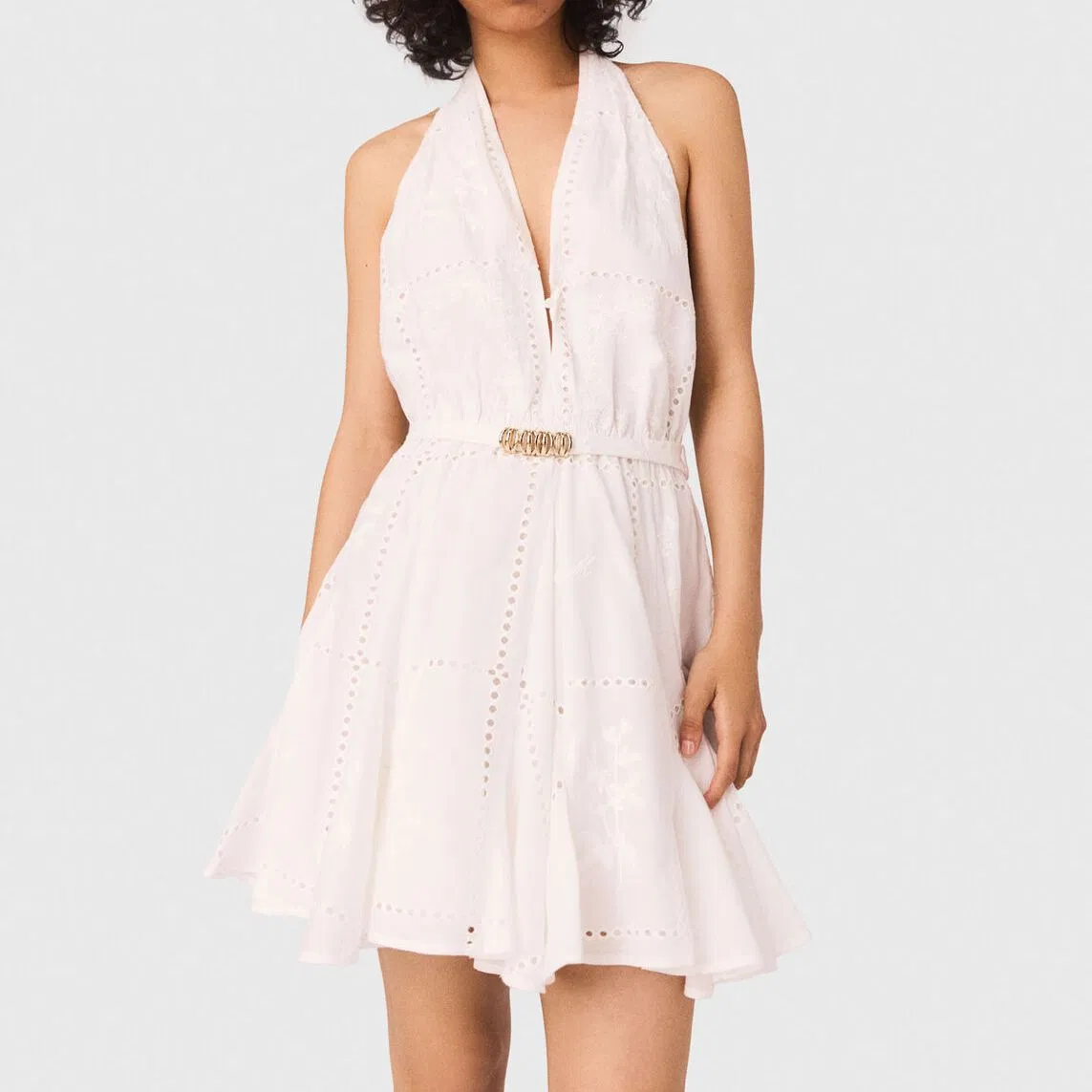 Vestido de noche de mujer en estilo nuevo de verano, sin mangas, sin espalda, con cuello en V, sexy, ajustado, de encaje calado, en línea A