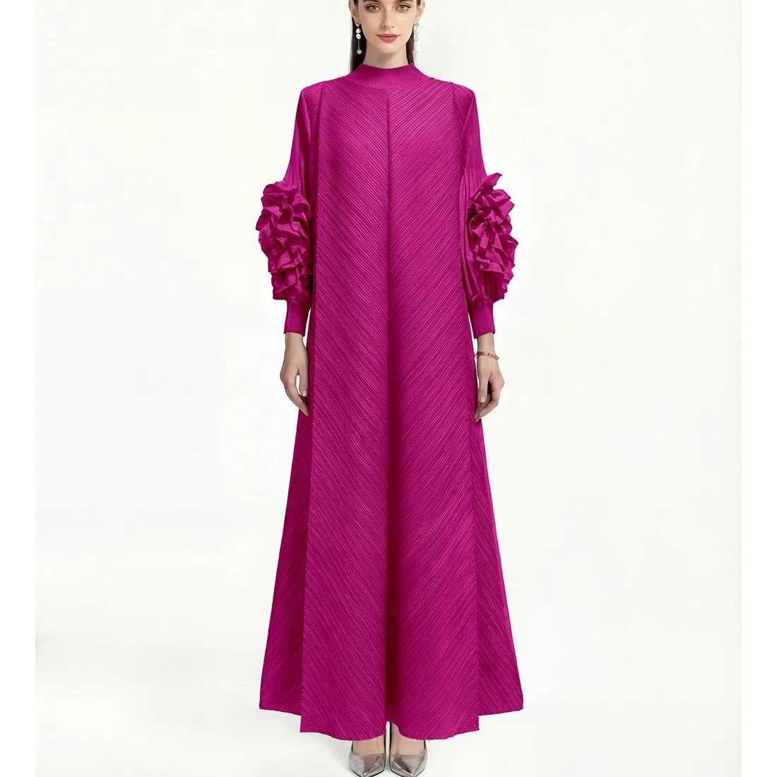 Vestido Vintage Plisado de Color Sólido para Mujeres Estilo Niche Ligero y Maduro Vestido Largo Suelto
