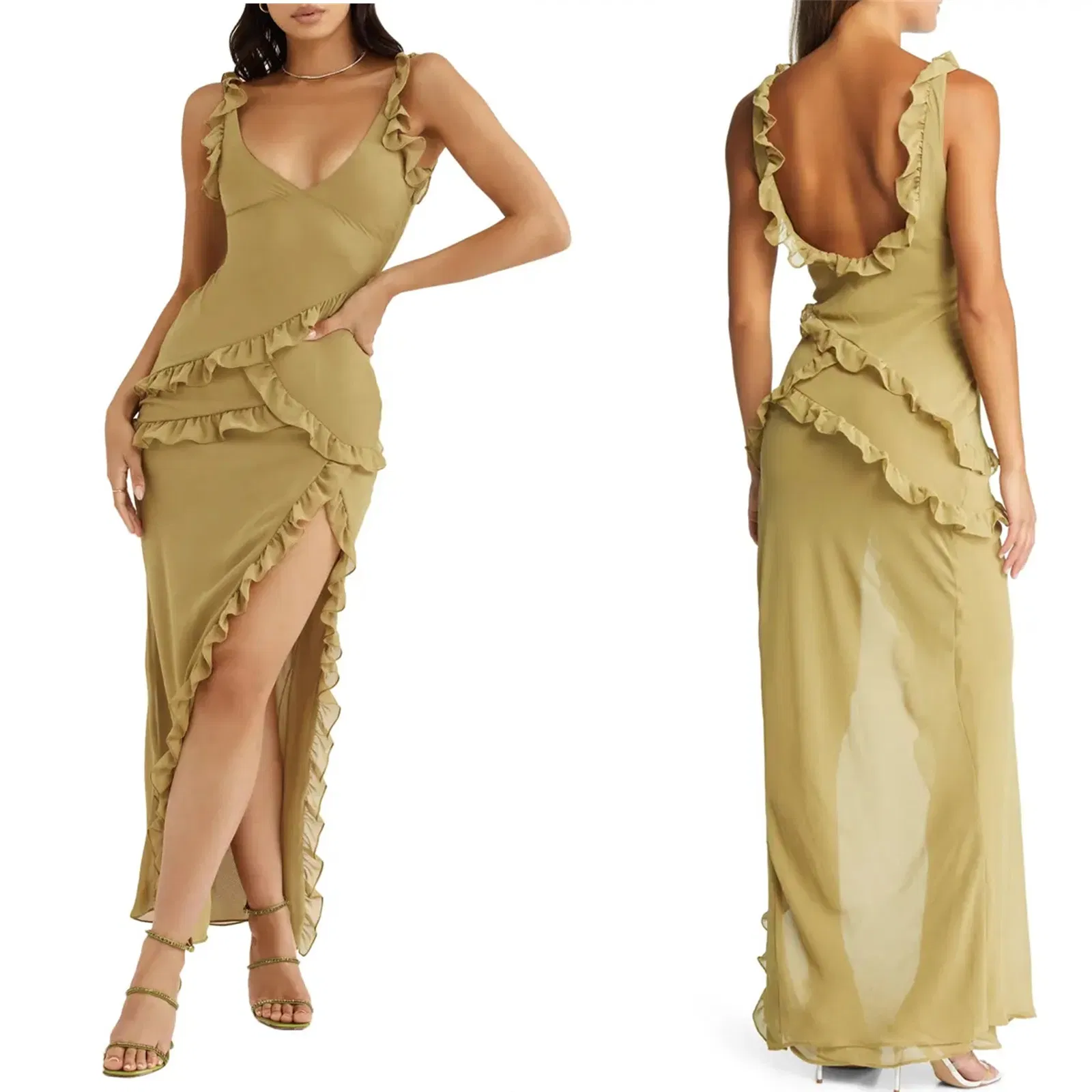 Fábrica China OEM Ropa Elegante para Damas de Nuevo Diseño de Alta Calidad, Venta Caliente, Vestido de Cóctel Cuerpo Ceñido de Georgette con Volantes para Mujeres, Vestido de Noche