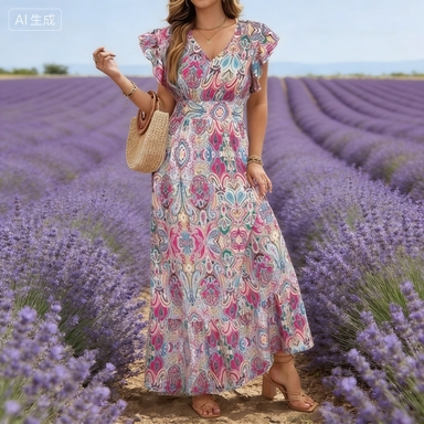 Vestido Maxi Boho Impreso Rosa - Vestido Casual de Verano con Cuello en V y Manga Corta para Mujeres