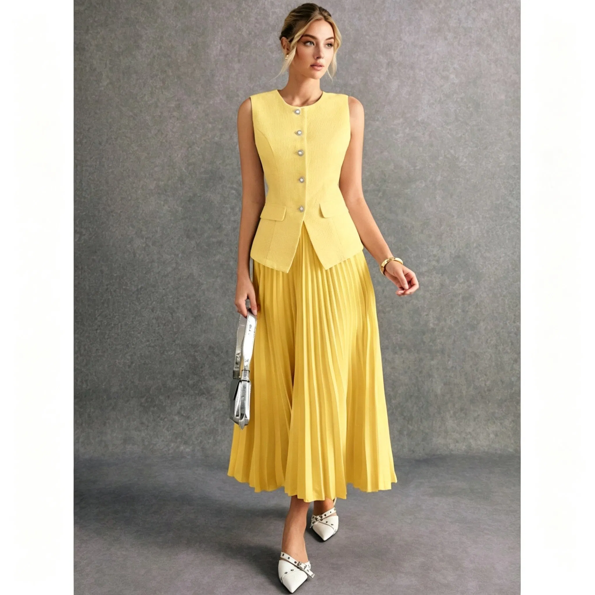 Fabricante Mayorista Personalizado Todo Sobre Verano Elegante Amarillo Chaleco Sin Mangas y Conjunto de Falda MIDI Plisada Sin Mangas Cuello Cuadrado Vestidos para Damas Mujeres