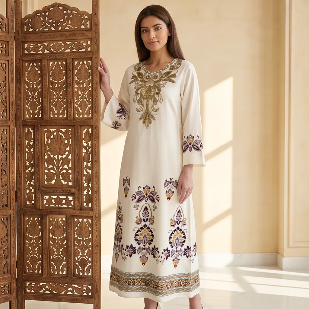 Vestido largo de kurta para mujer con estampado, cuentas, tachuelas de rhinestone y bordado