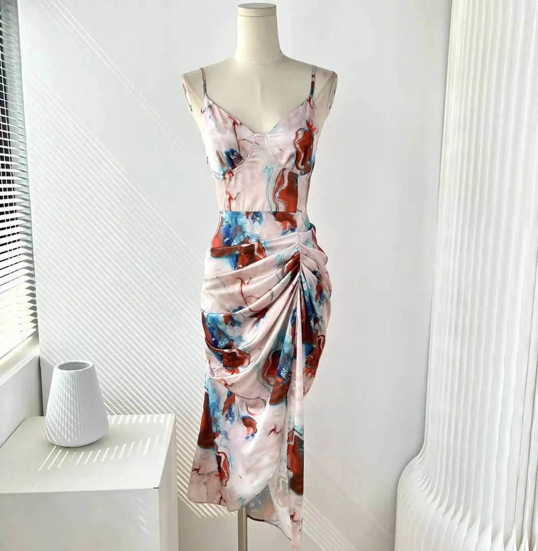 OEM Mayorista Ropa Personalizada Algodón Verano Mujeres Dama Estampado Floral Cuello en V Sexy Vintage Ajustado Sin Mangas Chifón Satén Logo de Marca Impresión Digital Vestidos