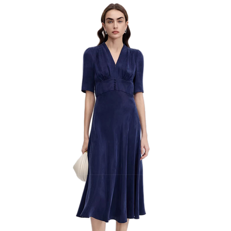 Vestido midi de terciopelo azul marino con cuello en V y mangas cortas para mujer