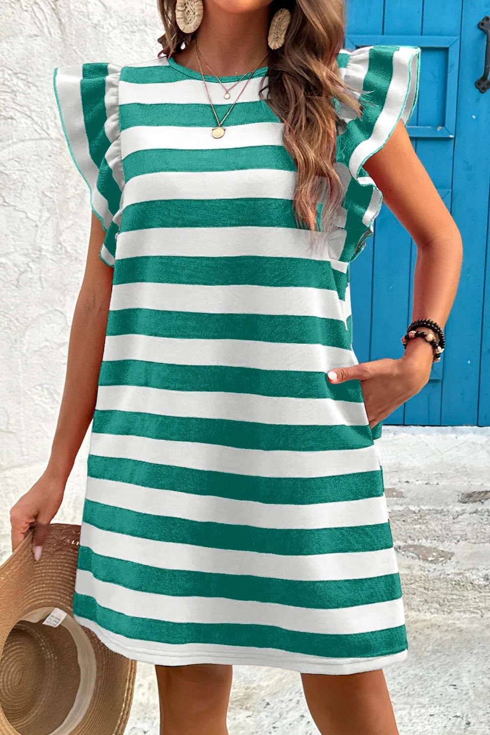 Querido Mayorista Boutique Vestido de Mujer Moda Rayas Manga Flutter Cuello Redondo Cambio Casual Vestido para Mujeres Damas