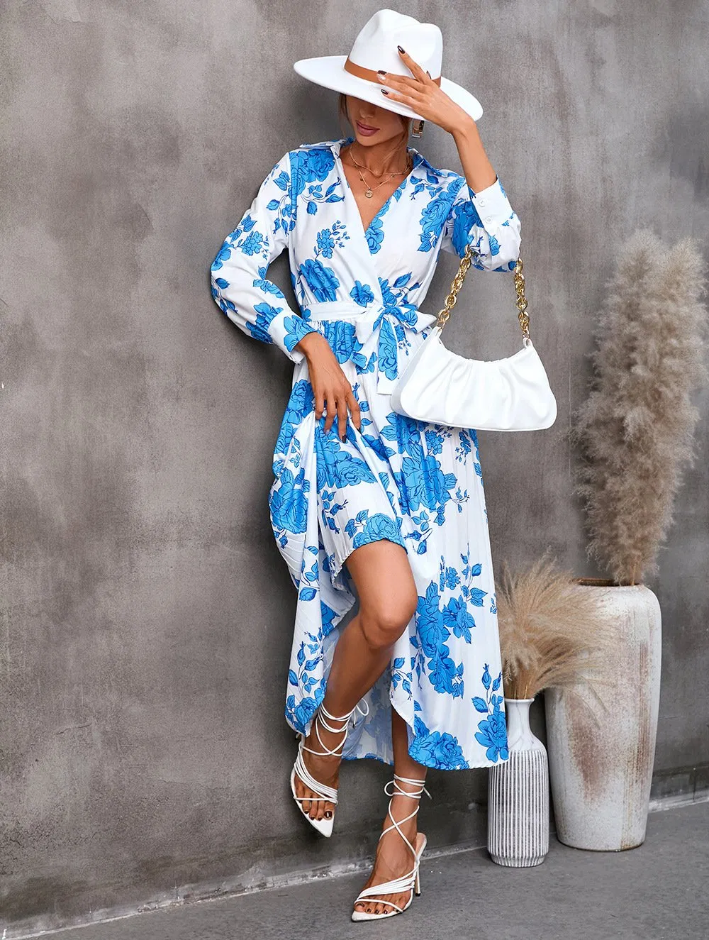 Vestido Largo de Manga Larga para Mujer, Vestido Boho de Oficina, Vestido Floral de Vacaciones, Maxi con Abertura, Vestido