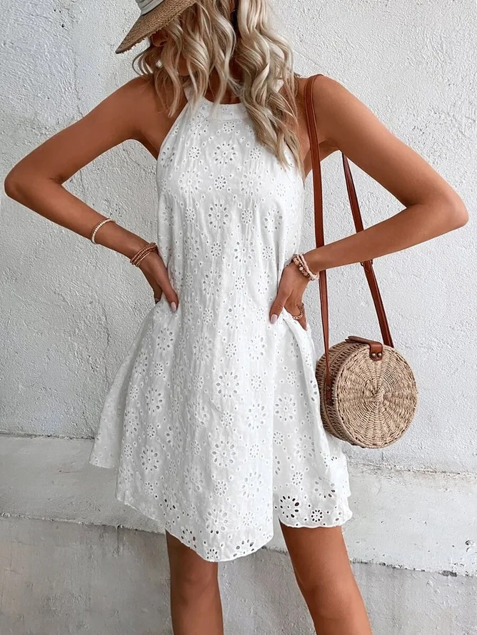 Vestido de verano sin mangas de encaje para mujer, color sólido, con botones en el cuello