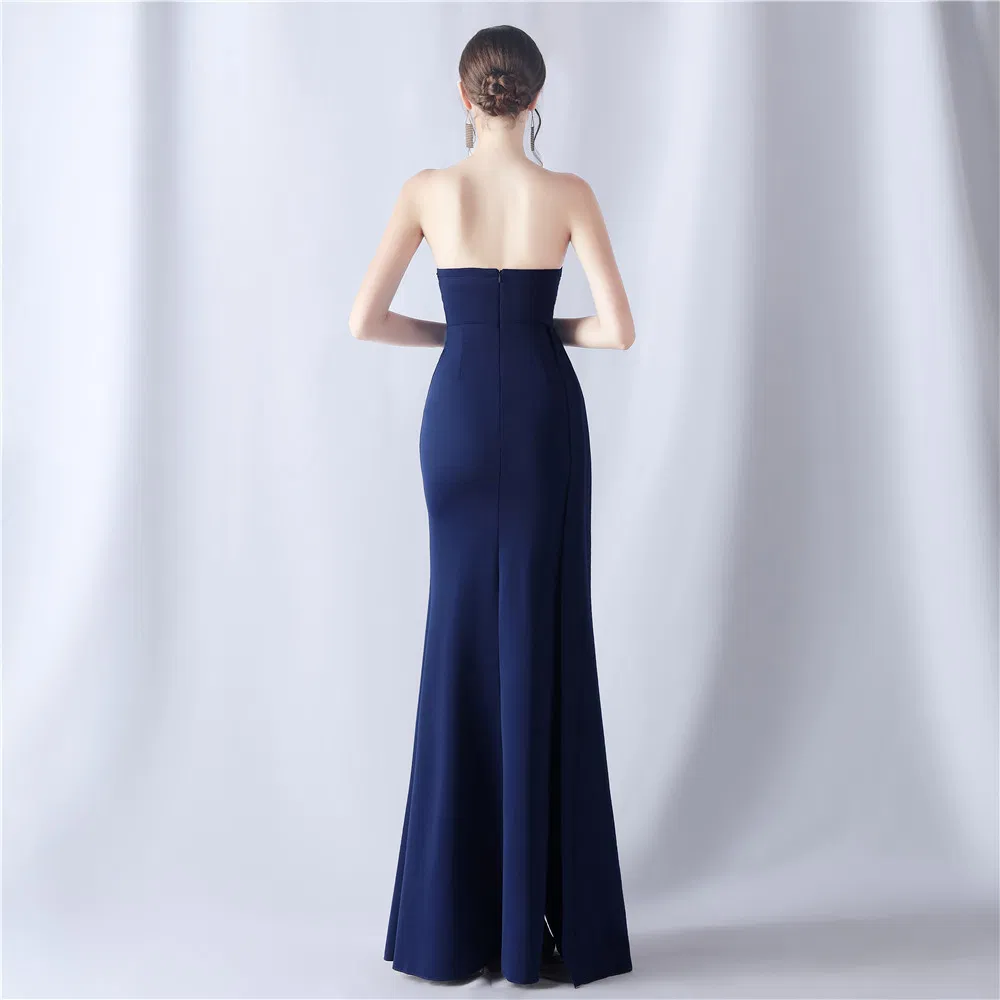 Exportar vestido de noche con hombros al descubierto, plisado de satén, con alta abertura, flor de arte hecha a mano con cuentas pesadas para mujer