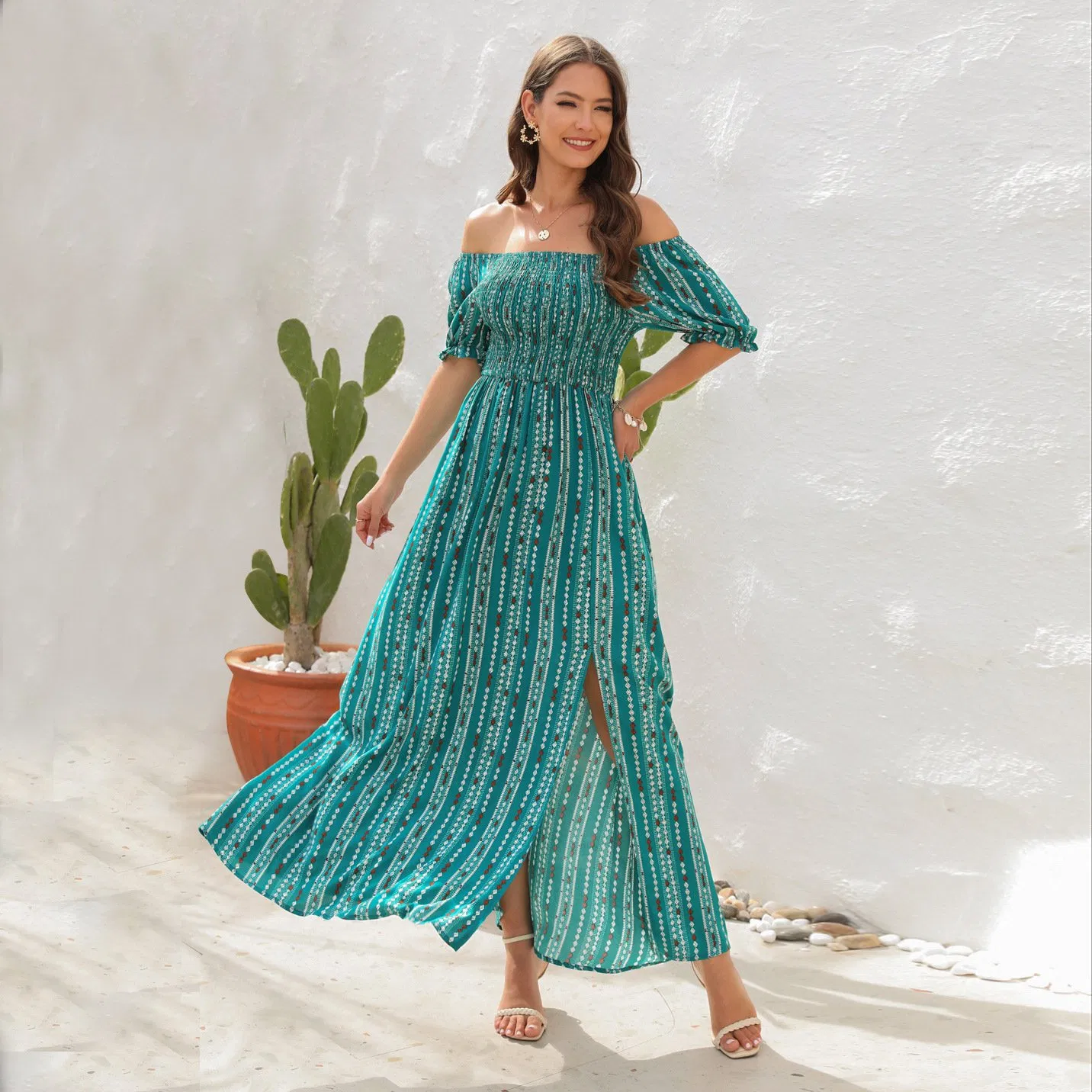 Vestido de noche largo de satén con abertura alta y un hombro para mujer