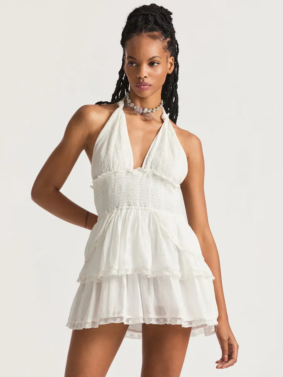 Vestido de verano mini con tirantes halter, sin espalda, con volantes y corte acampanado para mujer