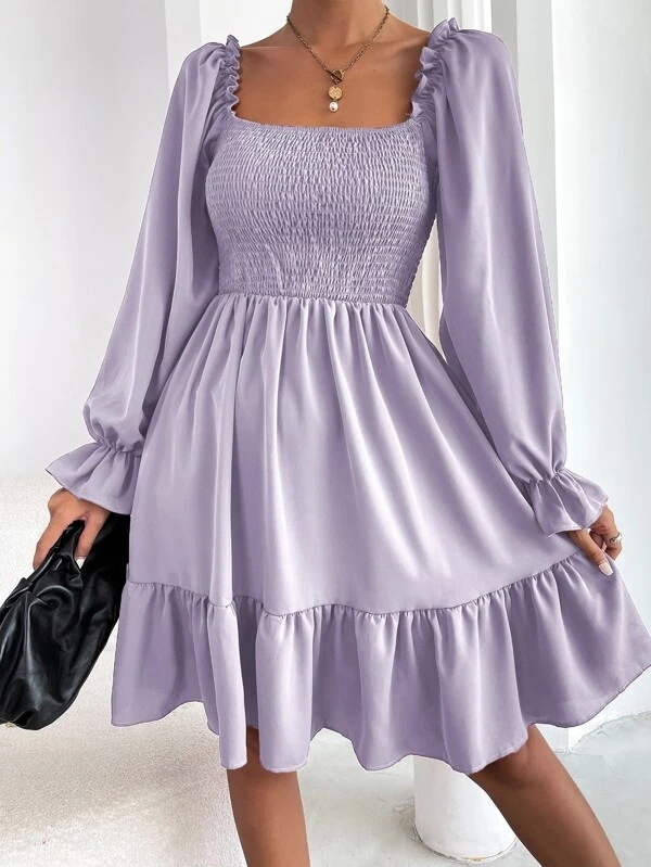 Vestido sólido de moda al por mayor con cuello cuadrado, vestido casual para mujeres, vestido de playa con mangas abullonadas y plisado