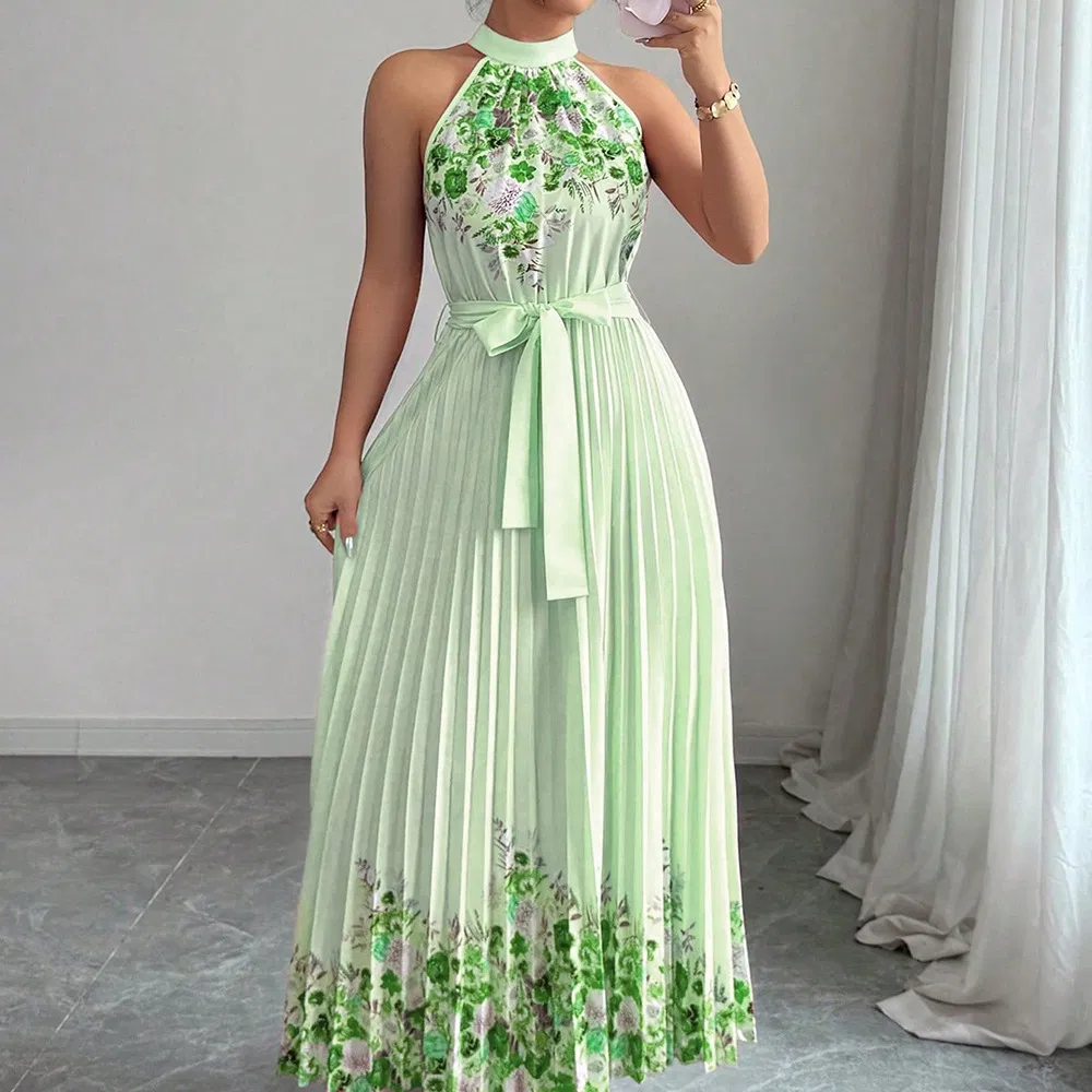 Nuevo vestido largo plisado impreso y a la moda para la ropa de mujer