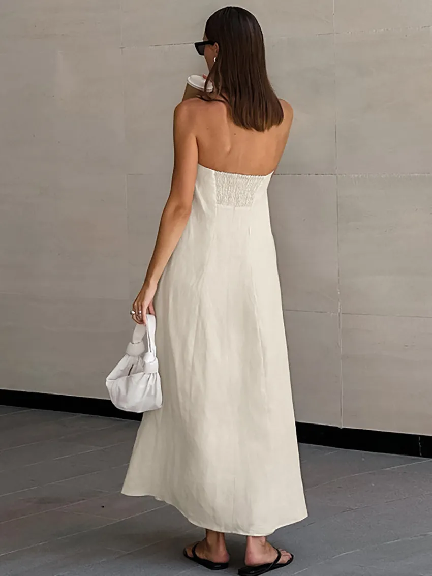 Vestido casual de cintura alta sin tirantes de algodón y lino para vacaciones