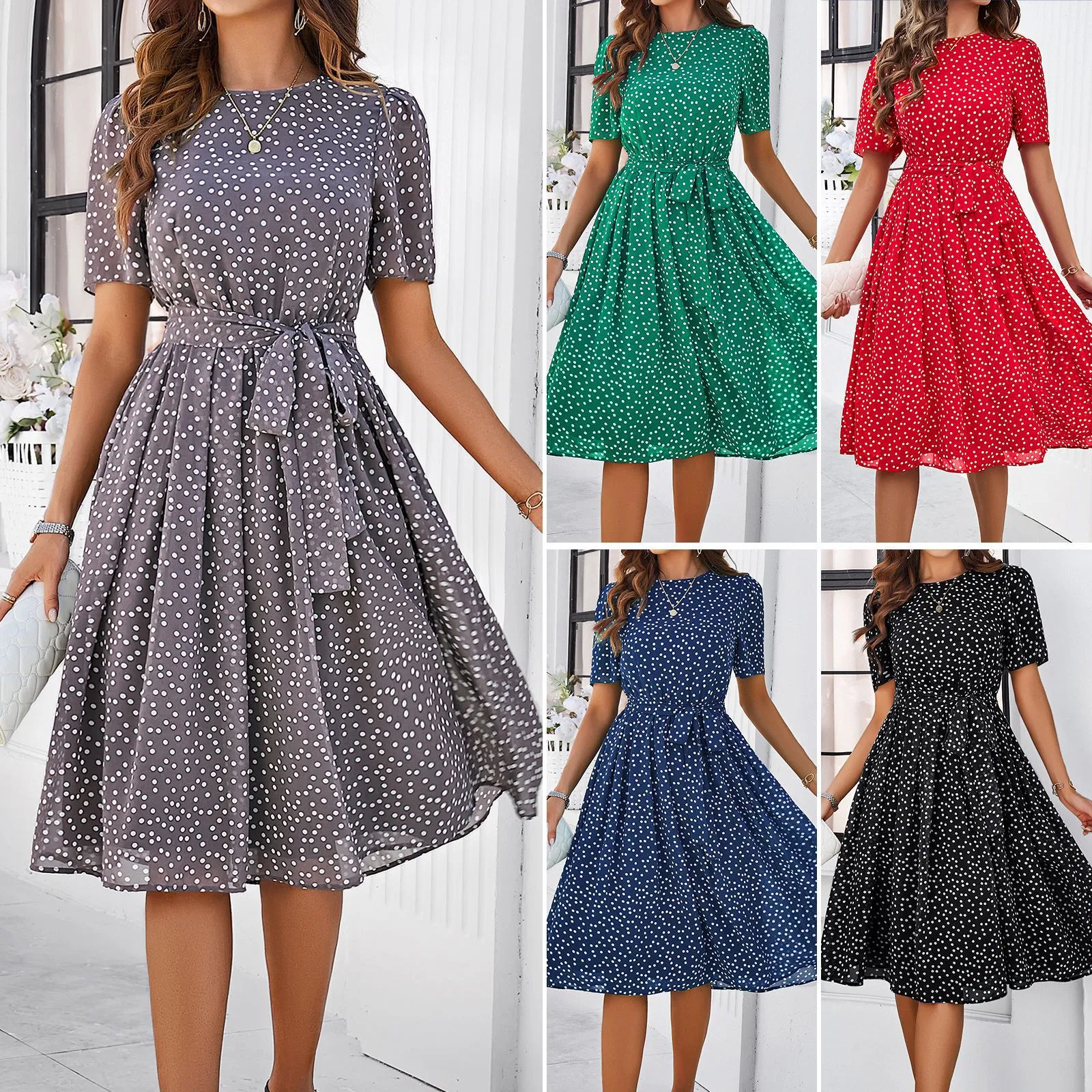 Vestido de verano A-line vintage para mujeres con lunares retro