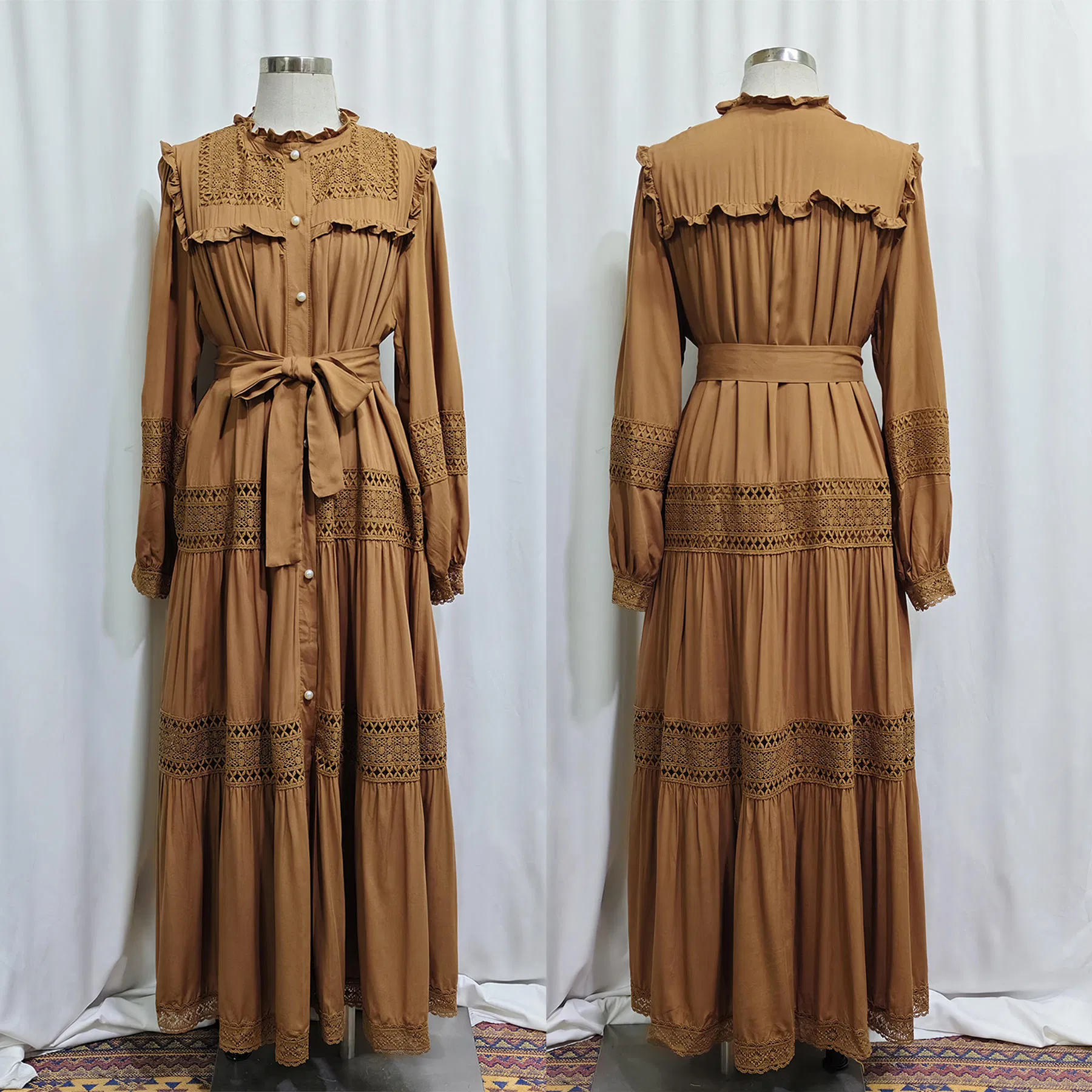 Vestido de Mujeres Musulmanas, Tela Naida con Bordado Sólido, Vestido de Manga Larga con Manga Murciélago