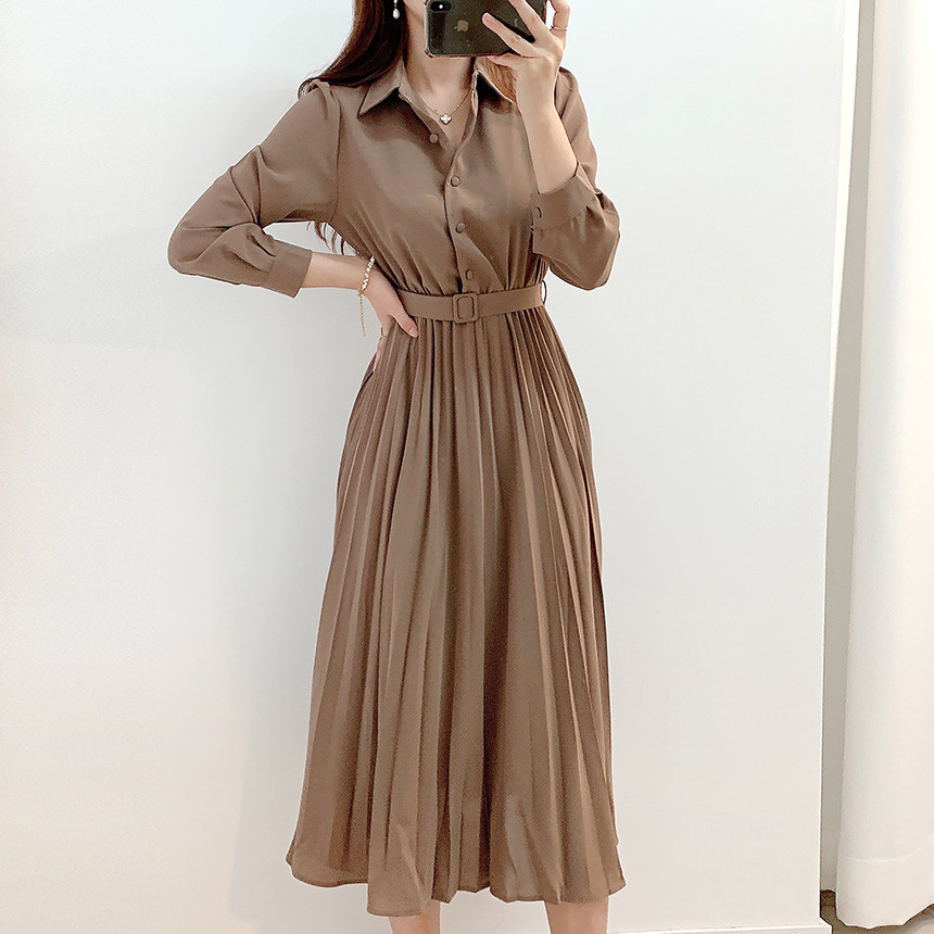 Nuevos vestidos largos plisados para mujeres, vestido de camisa con solapa, de manga larga, elegante francés, color sólido, vestido casual para oficina