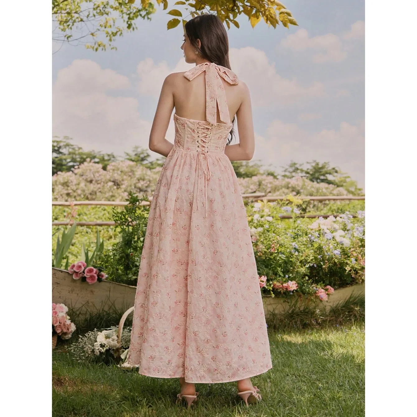 Vestido maxi de playa con corsé y cuello halter de estampado floral para mujer