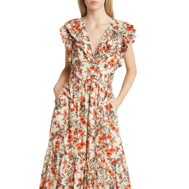 Vestido de verano casual para mujer, vestido maxi de flores con volantes, escote en V profundo y mangas cortas
