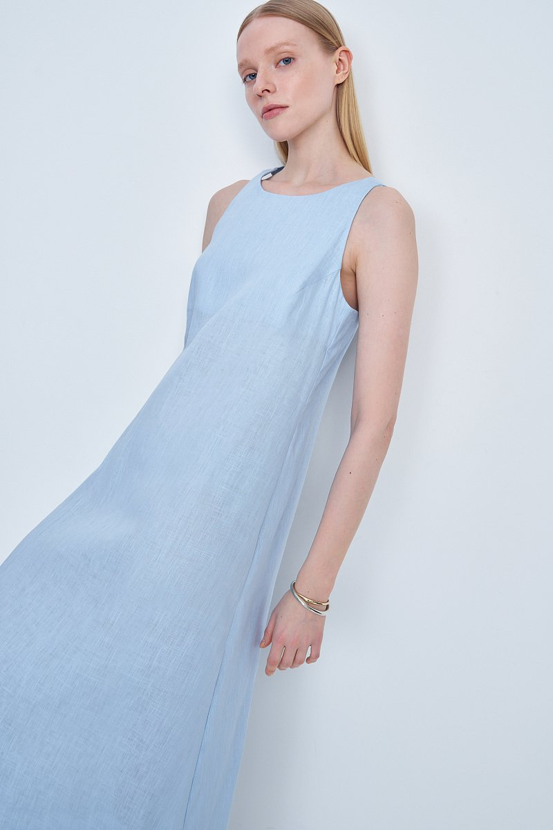Vestido largo sin mangas de lino azul cielo para oficina de mujeres, con espalda descubierta