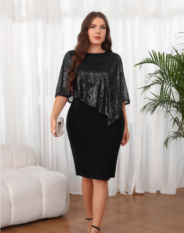 Vestido Bodycon con Superposición de Lentejuelas de Talla Grande al por Mayor, Vestido de Cóctel Elegante para la Noche, Conjunto Formal Halagador 2 para Mujeres Plus