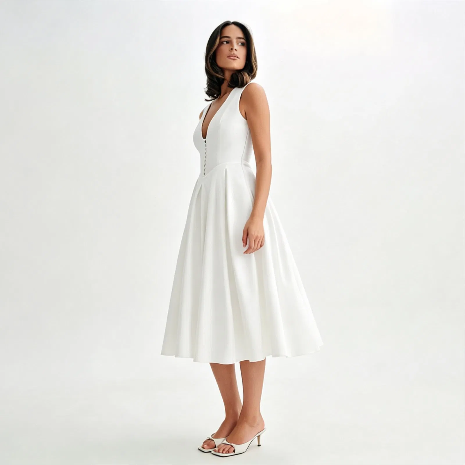 Vestido midi blanco sin mangas con cuello en V y cintura alta para mujer