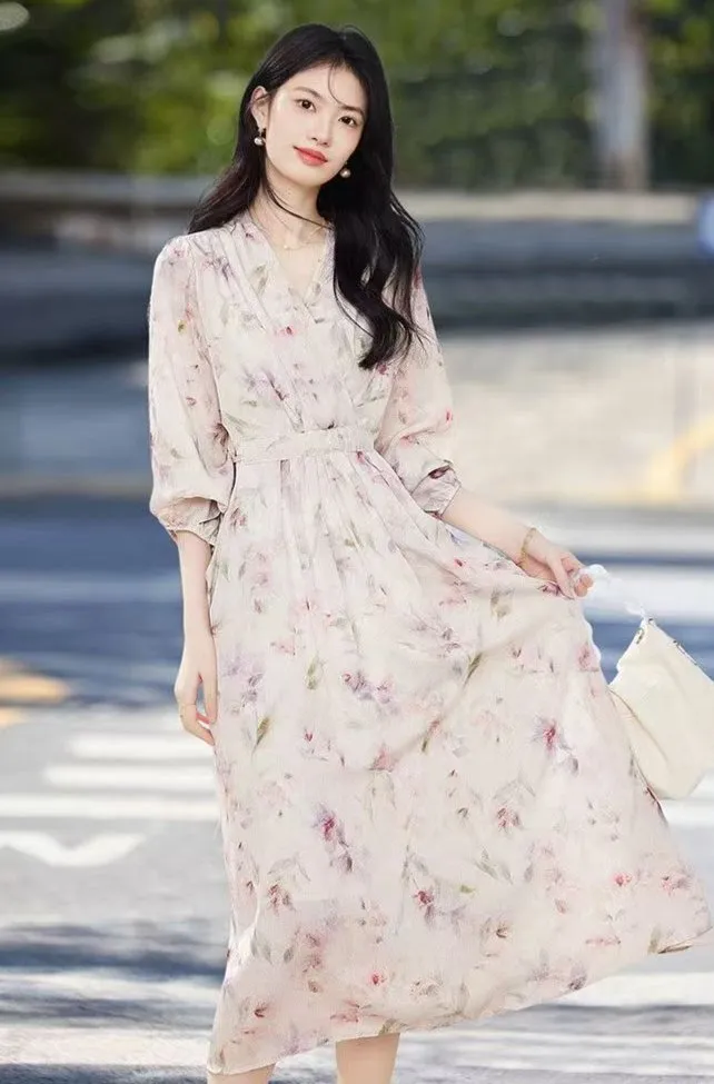 Estilo francés romántico y elegante vestido de playa impreso con flores para mujeres