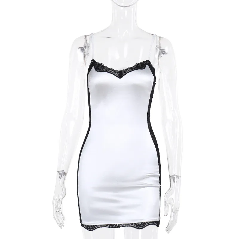Vestido mini de satén para mujer con tirantes, fruncido, con cordones, cruzado, ajustado, sexy, elegante para fiesta y club