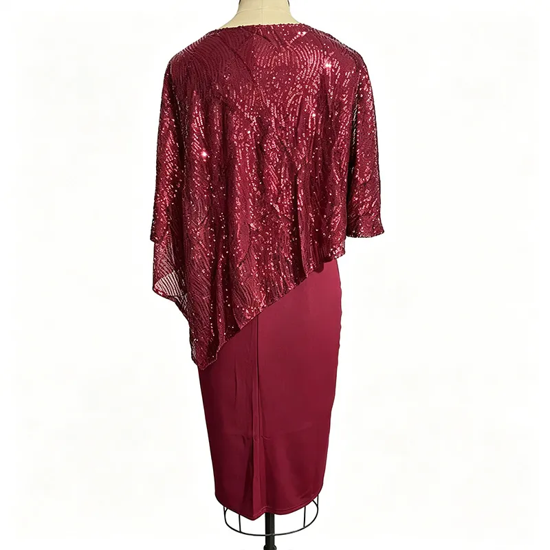 Vestido Bodycon con Superposición de Lentejuelas de Talla Grande al por Mayor, Vestido de Cóctel Elegante para la Noche, Conjunto Formal Halagador 2 para Mujeres Plus
