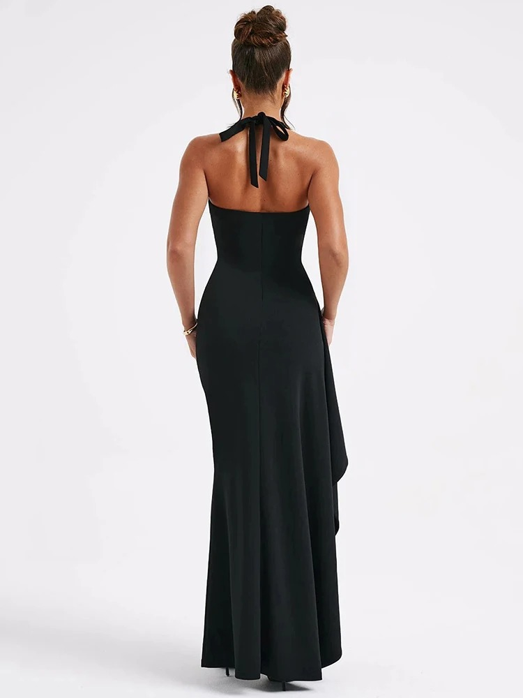 Vestido largo ajustado de mujer con escote en V profundo, sin espalda, elegante, con abertura alta, para fiesta o evento de gala