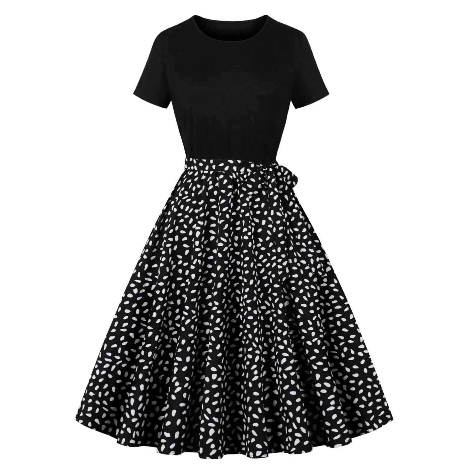 Vestido retro vintage para mujer, de manga corta, parte superior negra, cintura alta, estampado floral de lunares, vestido de cóctel en línea A, estilo rockabilly