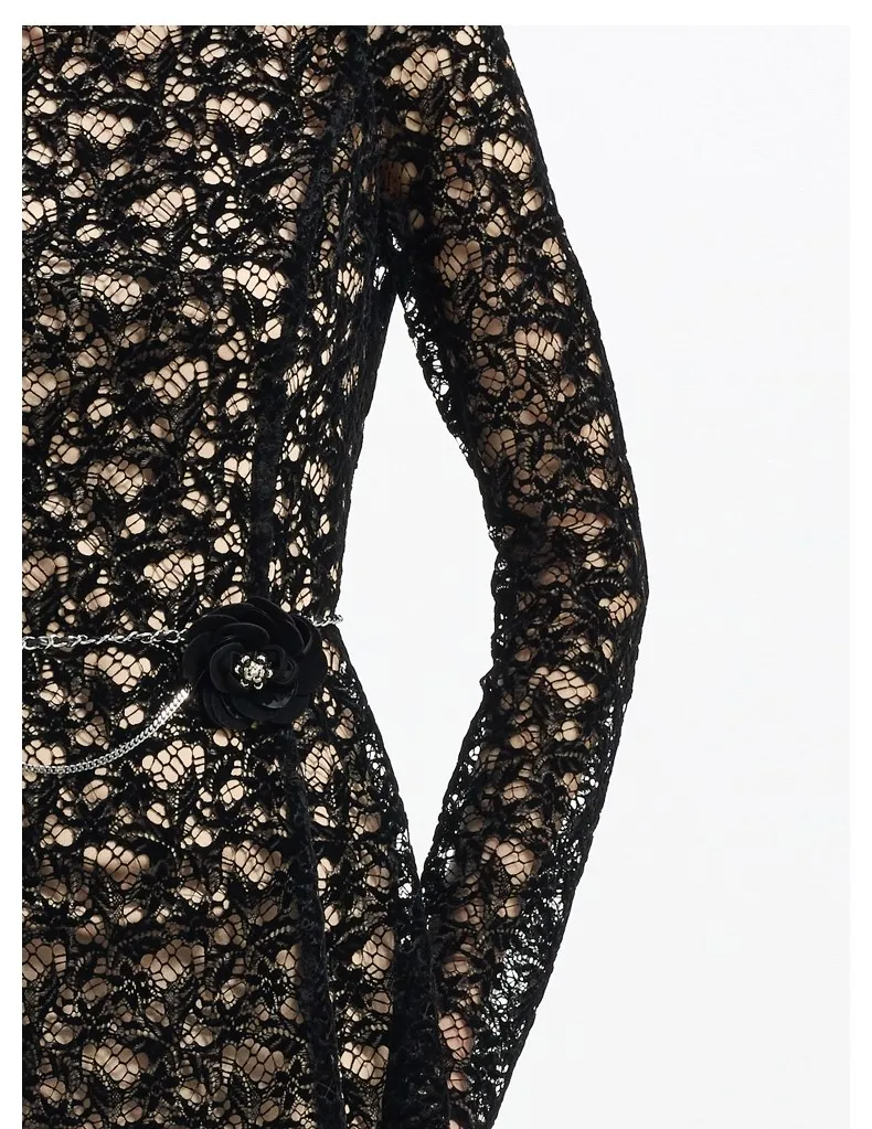 Vestido MIDI de lujo para mujeres al por mayor, personalizado, con encaje formal, mangas largas y diseño de cuello redondo alto