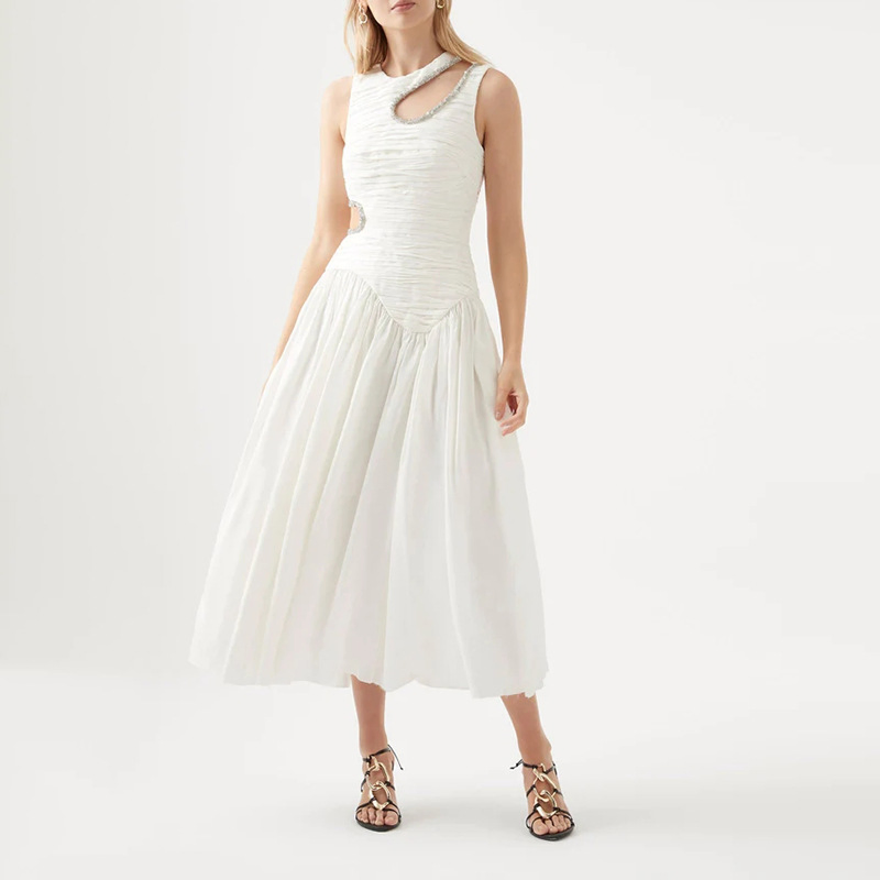 Vestido Largo Adelgazante de Cintura Primavera Nuevo Diseño Sin Mangas Sensación Hueca Vestidos Plisados para Mujeres
