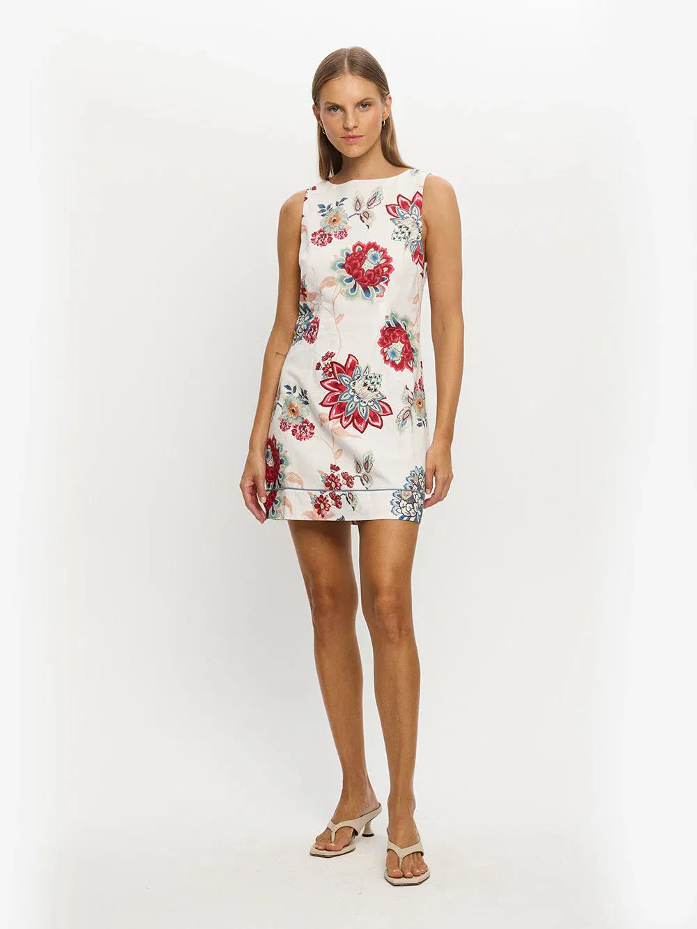 Vestido mini sin mangas de mezcla de lino para mujeres, estampado floral, sin espalda, con lazo, vestido casual de verano para la playa