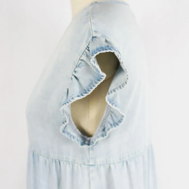 Vestido de tirantes sin mangas con volantes en V de algodón vaquero vintage de lavado ligero
