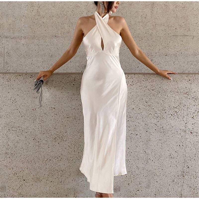 Nuevo Diseño Mayorista Verano Sin Espalda Con Cierre Vintage Fiesta Falda Con Abertura Vestidos Elegantes Para Mujeres Sexy Halter Vestido De Satén
